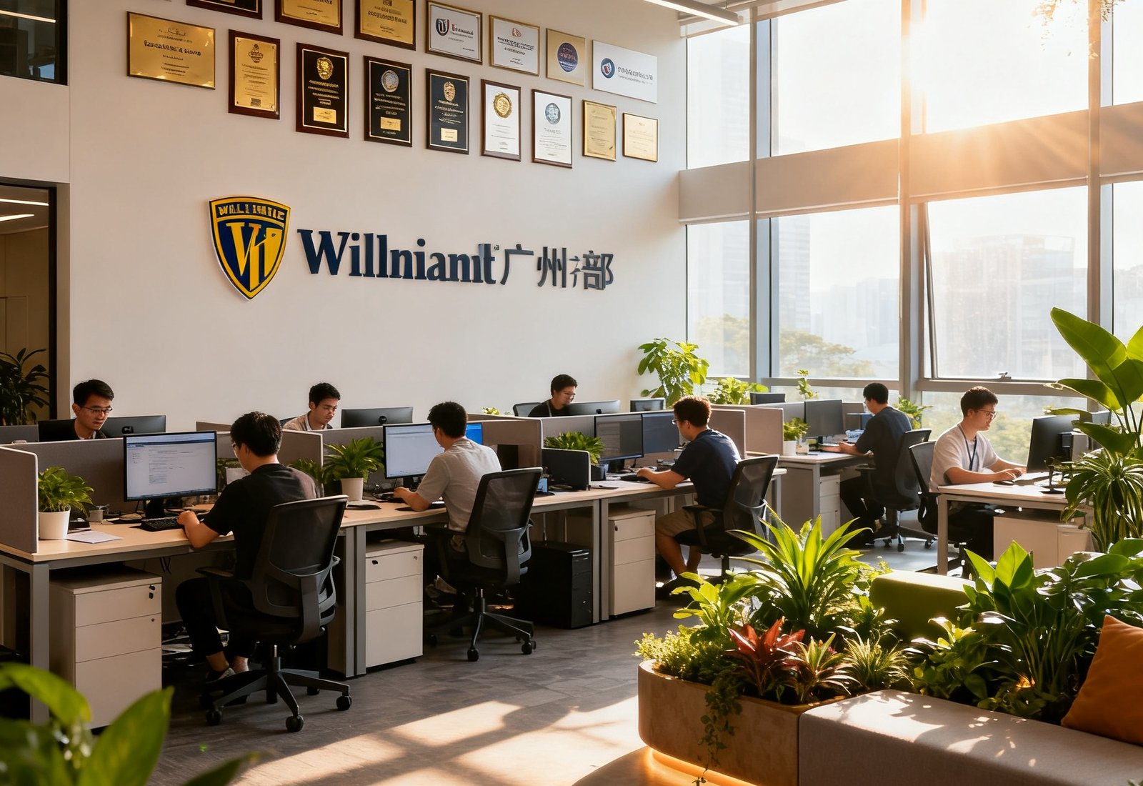 威廉希尔广州总部办公区全景，开放式办公空间内数十名员工正在工作，墙面上挂着历年获得的行业奖项牌匾和合作伙伴铭牌，阳光透过落地窗洒在绿植装饰的休息区