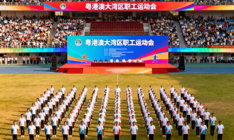 粤港澳大湾区职工运动会开幕式现场全景照片，数百名参赛者身着统一运动服列队站在体育场中央，主席台上悬挂着赛事横幅