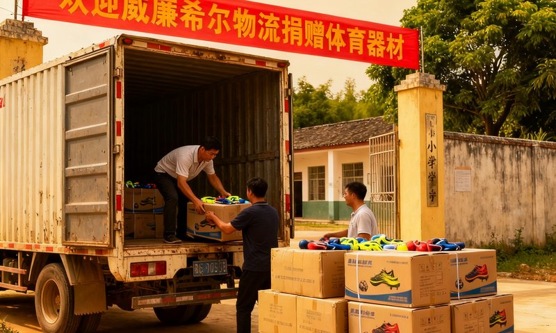 威廉希尔物流车队将成箱的体育器材运送到一所乡村小学门口，工作人员正在从货车上卸货，校门口挂着欢迎横幅