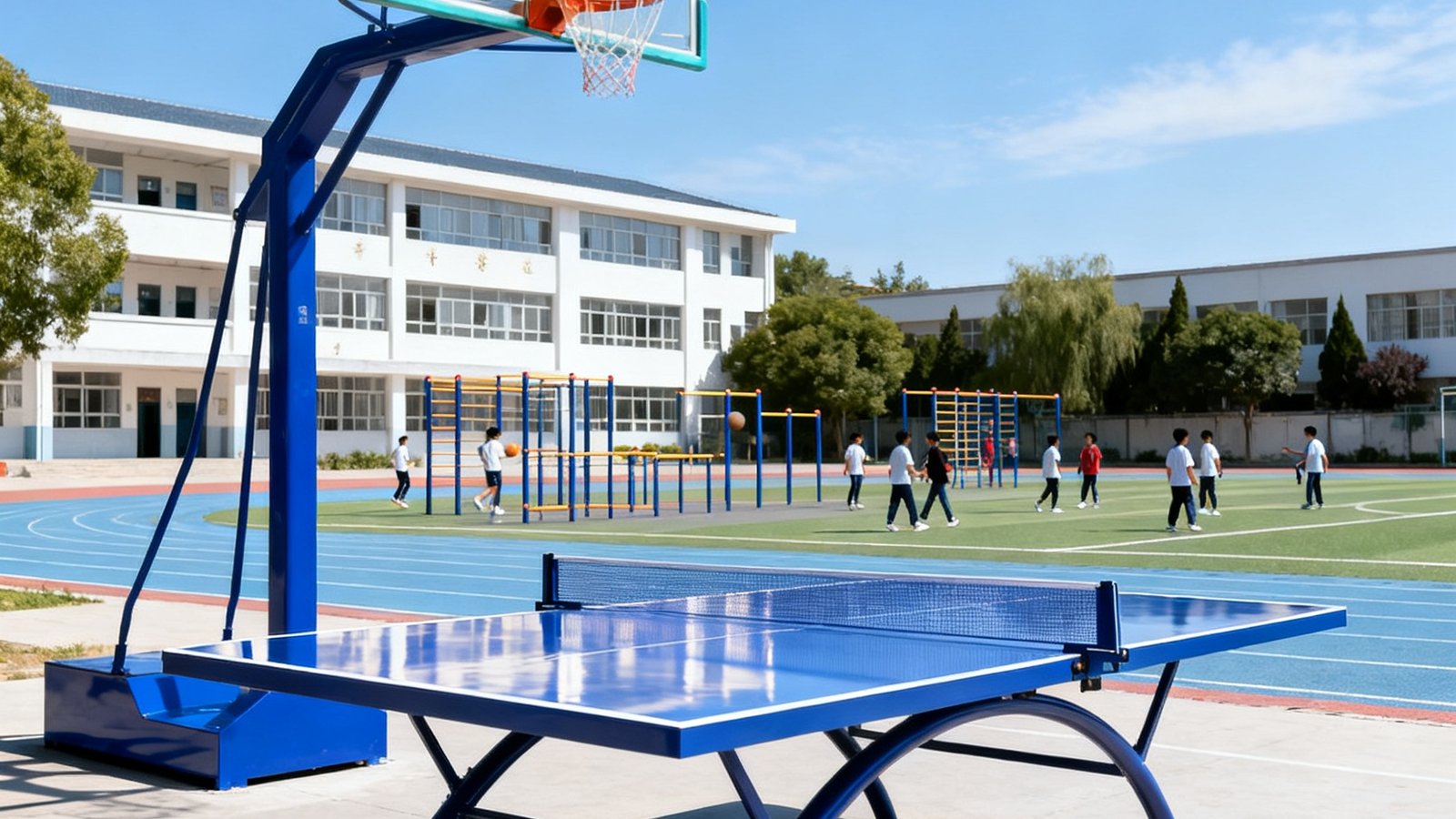 某中学校园操场边新安装的威廉希尔供应的标准篮球架和乒乓球台，蓝天白云下设备崭新锃亮，远处有学生正在课间活动使用器材